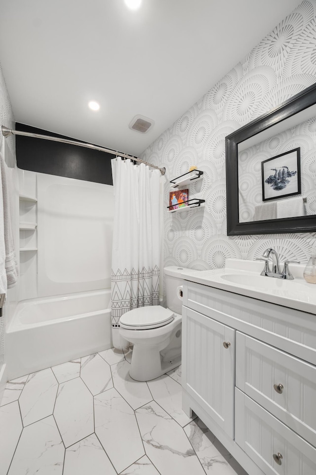 bathroom featuring wallpapered walls, toilet, shower / tub combo with curtain, vanity, and marble finish floors