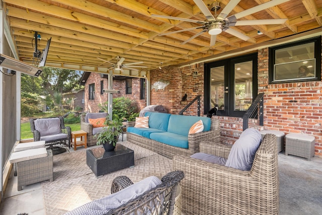 view of patio / terrace with french doors, an outdoor hangout area, and ceiling fan