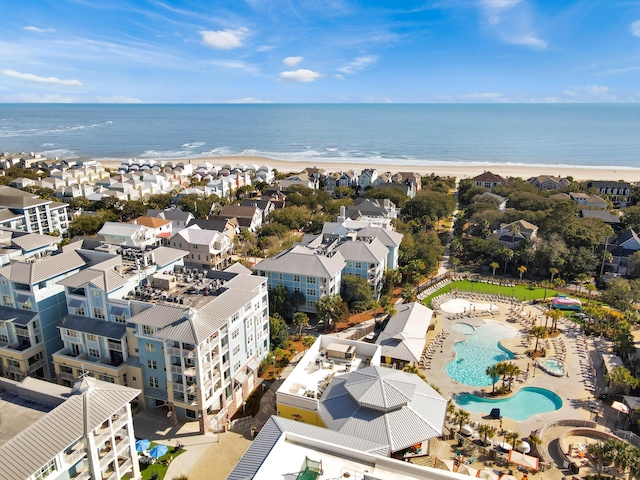 aerial view featuring a water view and a view of the beach