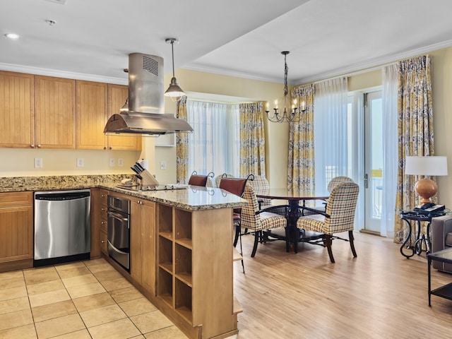 kitchen with island range hood, oven, dishwasher, a peninsula, and black electric cooktop