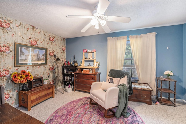 506 Arlington Dr Unit F, Charleston, SC 29414 - sitting room with baseboards, ceiling fan, carpet floors, a textured ceiling, and wallpapered walls