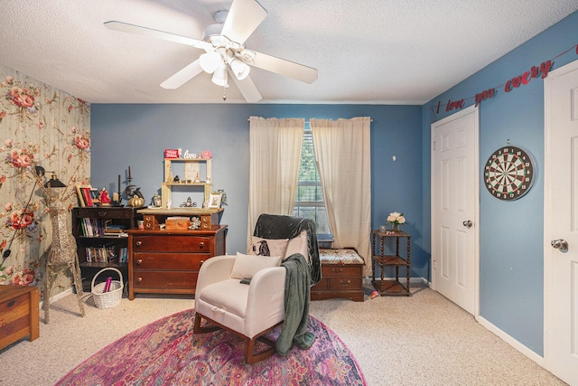 506 Arlington Dr Unit F, Charleston, SC 29414 - living area featuring a textured ceiling, carpet floors, a ceiling fan, and baseboards