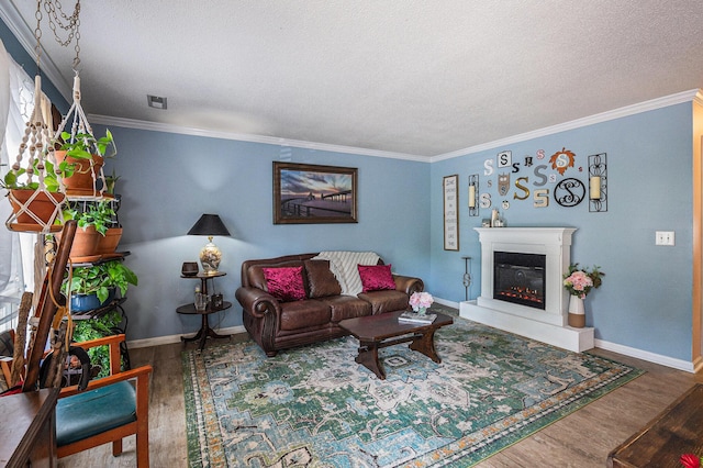 506 Arlington Dr Unit F, Charleston, SC 29414 - living area featuring wood finished floors, a textured ceiling, ornamental molding, baseboards, and a glass covered fireplace