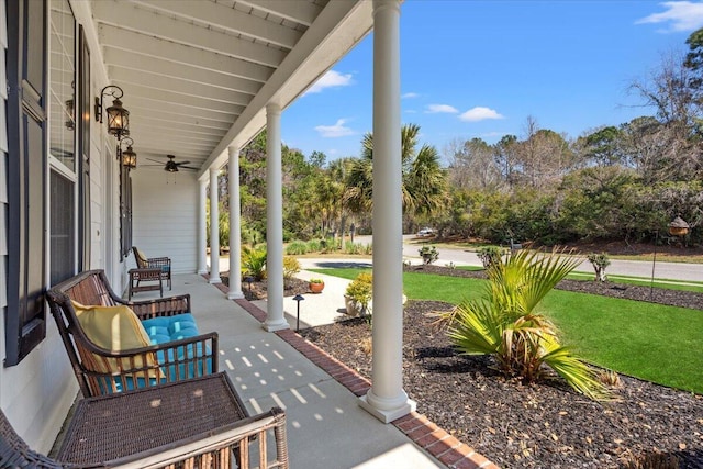 view of patio featuring a porch and ceiling fan