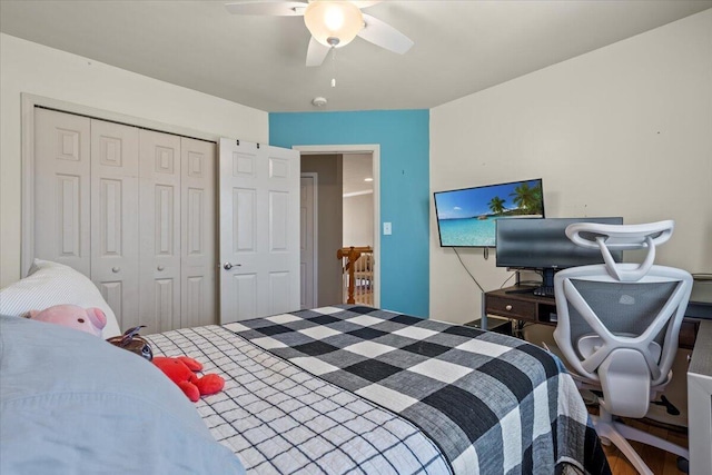 bedroom featuring a closet and ceiling fan