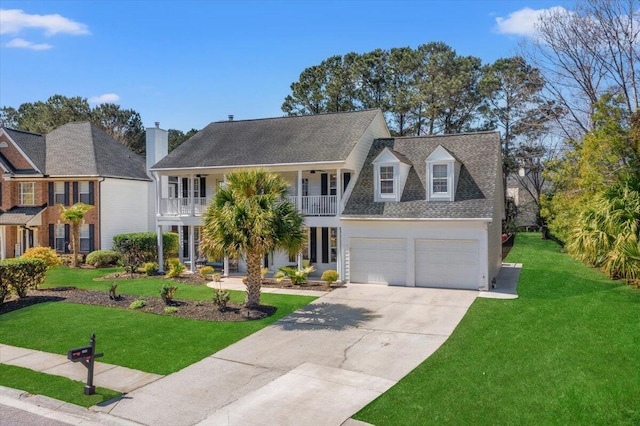 view of front of property featuring driveway, a porch, roof with shingles, a front yard, and a balcony