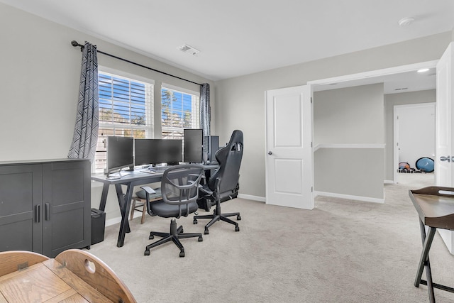 home office featuring light colored carpet