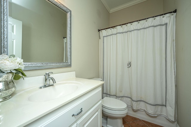 full bath featuring tile patterned flooring, toilet, shower / tub combo, vanity, and crown molding