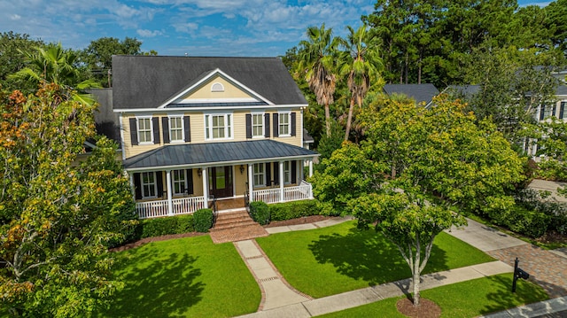 view of front facade featuring metal roof, a porch, a standing seam roof, and a front yard