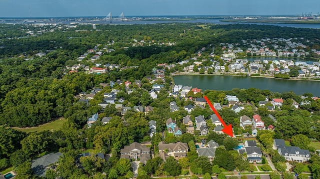 bird's eye view featuring a water view and a residential view