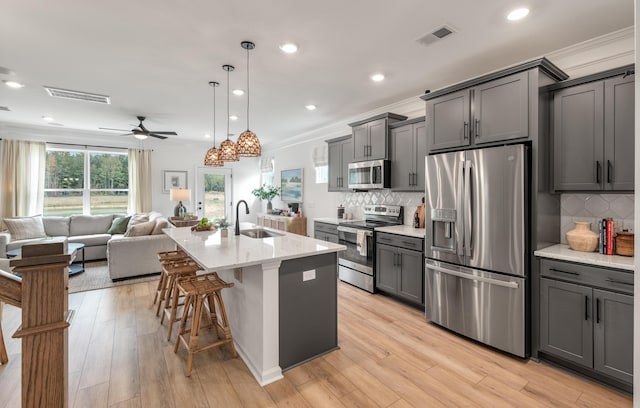 kitchen with visible vents, stainless steel appliances, a sink, and open floor plan