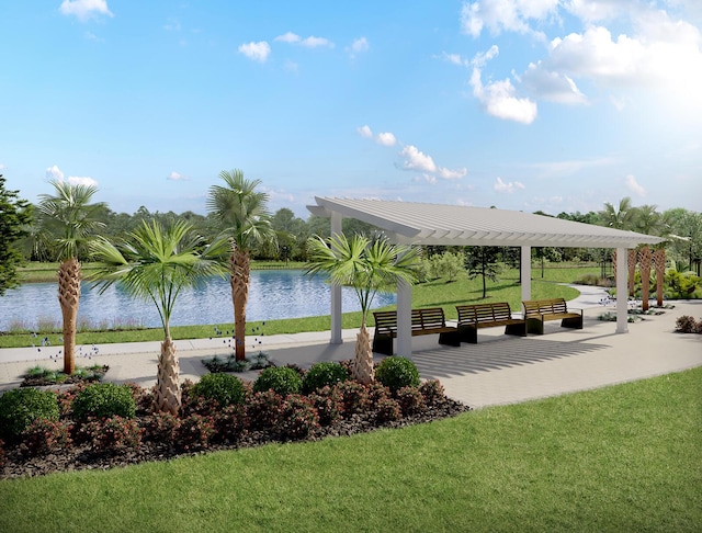 view of property's community featuring a lawn, a water view, and a pergola