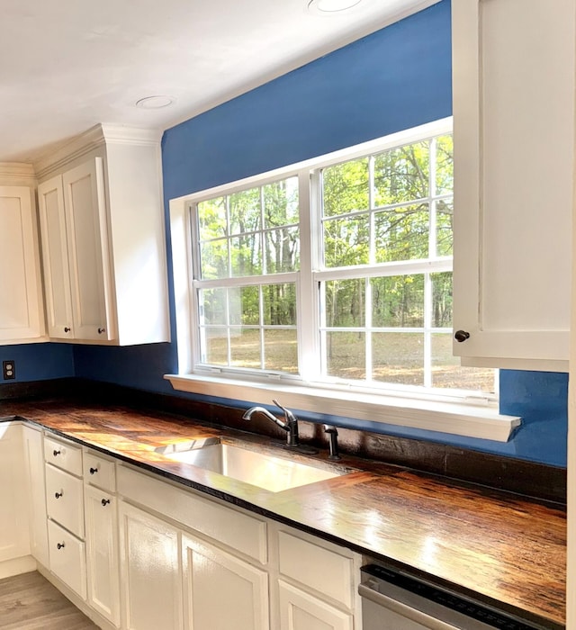 kitchen with a sink, stainless steel dishwasher, butcher block counters, and white cabinetry