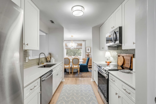 kitchen with white cabinetry, sink, stainless steel appliances, and hanging light fixtures