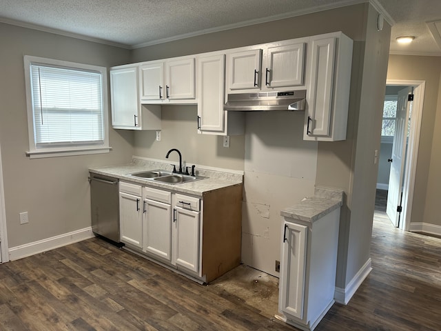 1516 N Avalon Cir, Charleston, SC 29407 - kitchen featuring under cabinet range hood, stainless steel dishwasher, a sink, dark wood-type flooring, and ornamental molding