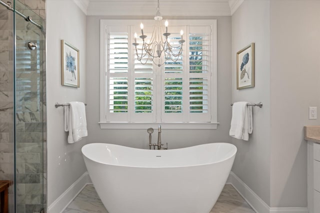 bathroom with shower with separate bathtub, vanity, an inviting chandelier, and plenty of natural light