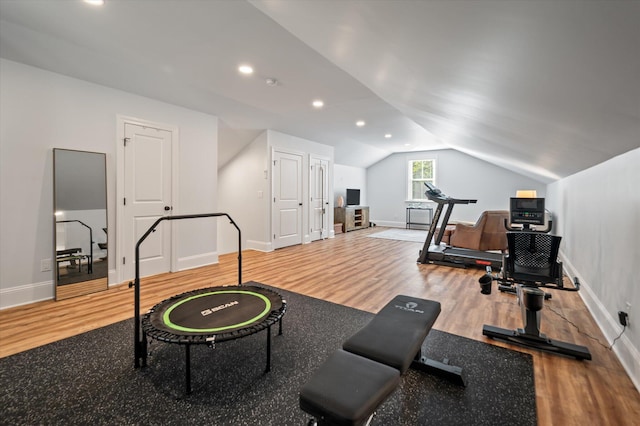 exercise area featuring lofted ceiling and hardwood / wood-style flooring