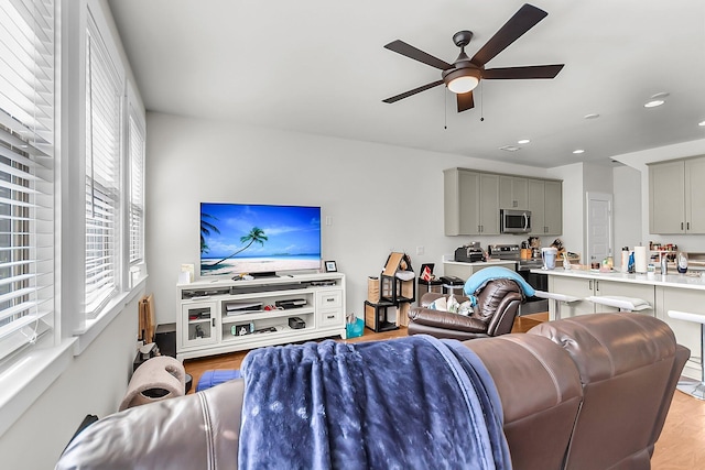 7812 Park Gate Dr, North Charleston, SC 29418 - living area with recessed lighting, a ceiling fan, and light wood finished floors