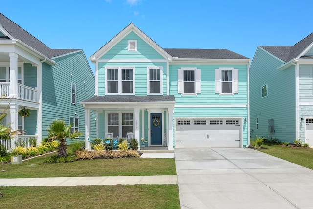 view of front of home featuring a front yard and a garage