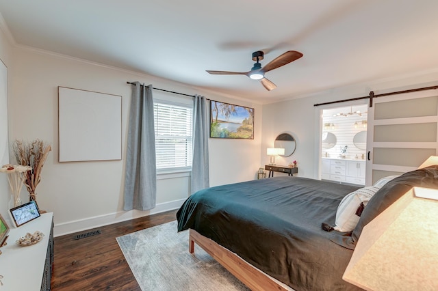 bedroom featuring ornamental molding, wood finished floors, baseboards, connected bathroom, and a ceiling fan