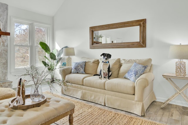 living room with wood-type flooring and vaulted ceiling