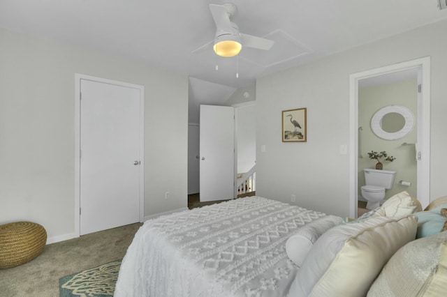 bedroom with carpet, ensuite bathroom, and ceiling fan