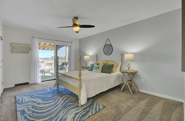 bedroom with carpet floors, access to outside, and ceiling fan