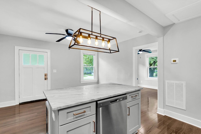 kitchen featuring hanging light fixtures, stainless steel dishwasher, dark hardwood / wood-style flooring, and ceiling fan with notable chandelier