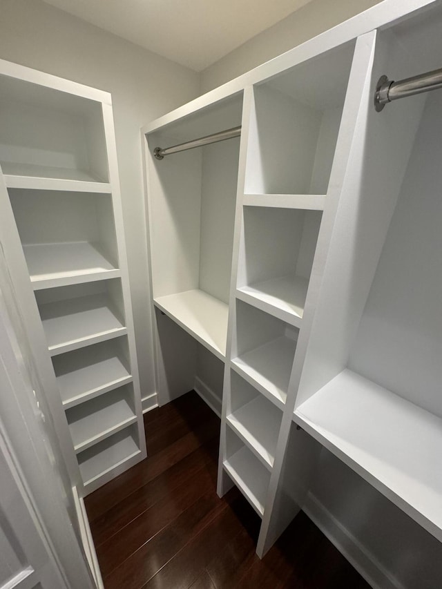 walk in closet with dark hardwood / wood-style flooring