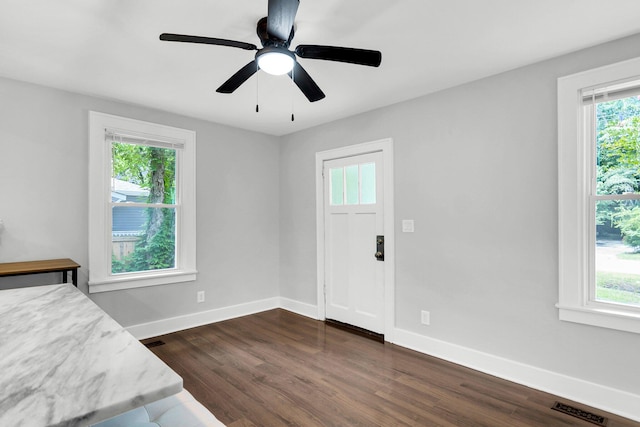 unfurnished bedroom featuring dark wood-type flooring, multiple windows, and ceiling fan