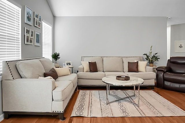 living room with hardwood / wood-style flooring and vaulted ceiling