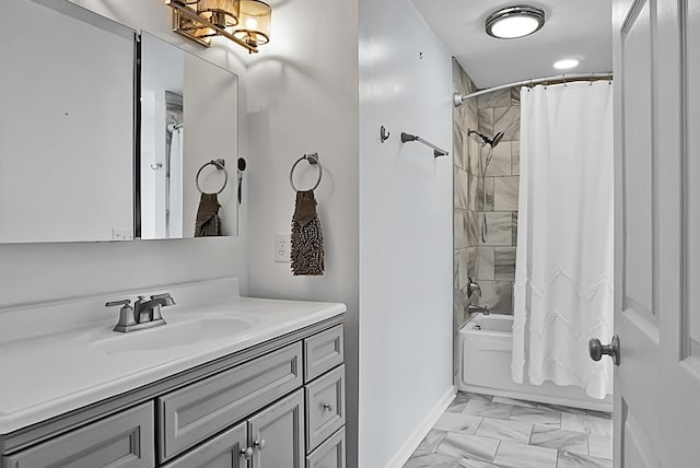 bathroom with vanity and shower / tub combo with curtain