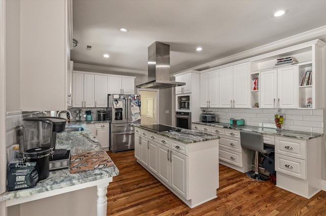 2649 Starfish Dr, Johns Island, SC 29455 - kitchen featuring island range hood, stainless steel appliances, crown molding, a sink, and decorative backsplash