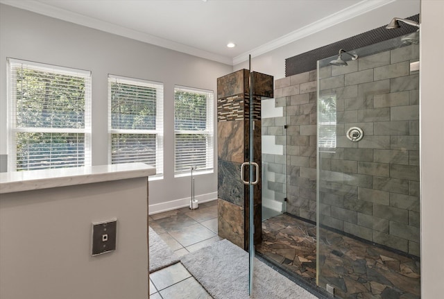 2649 Starfish Dr, Johns Island, SC 29455 - full bath with ornamental molding, a stall shower, tile patterned floors, recessed lighting, and baseboards