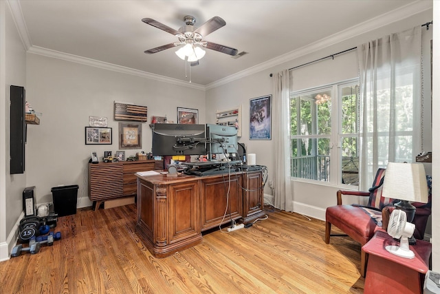 2649 Starfish Dr, Johns Island, SC 29455 - office space with baseboards, light wood-style flooring, a ceiling fan, and crown molding