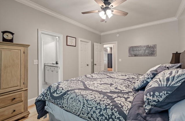2649 Starfish Dr, Johns Island, SC 29455 - bedroom featuring crown molding, light wood finished floors, ensuite bathroom, baseboards, and ceiling fan