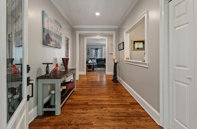 2649 Starfish Dr, Johns Island, SC 29455 - hallway with dark wood-style flooring, ornamental molding, baseboards, and recessed lighting