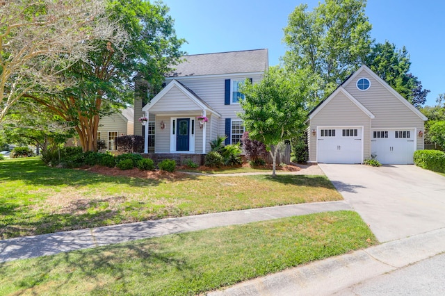 view of front of home with concrete driveway, a porch, and a front yard