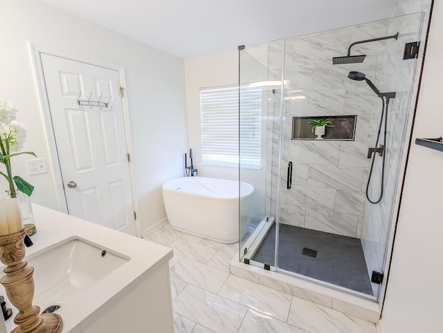 1350 Pinyon Pine Dr, Ladson, SC 29456 - bathroom featuring a freestanding bath, a shower stall, marble look tile flooring, and vanity
