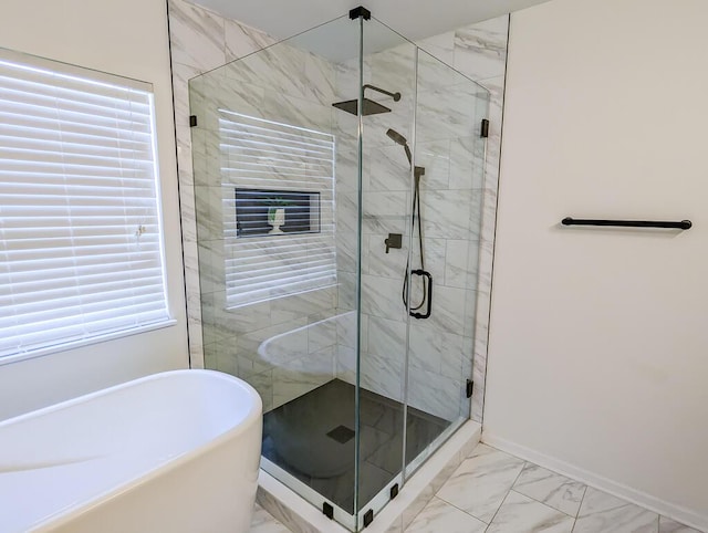 1350 Pinyon Pine Dr, Ladson, SC 29456 - bathroom featuring a soaking tub, marble finish floors, and a stall shower