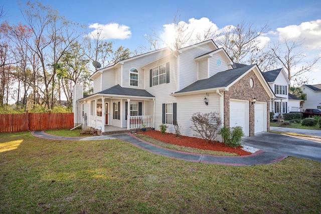 view of front of property featuring a porch, an attached garage, fence, driveway, and a front lawn