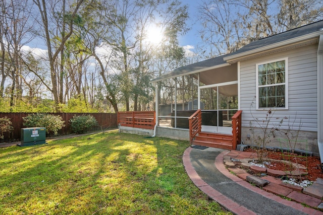 view of yard with a fenced backyard and a sunroom