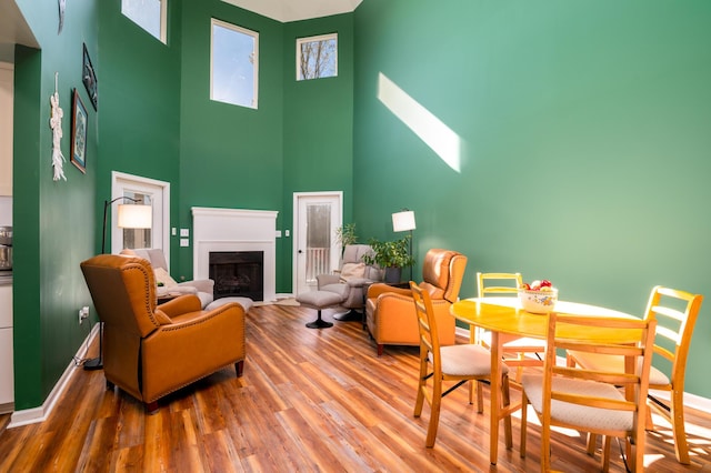 212 Chester Ln, Cottageville, SC 29435 - living area featuring a towering ceiling, a fireplace with flush hearth, baseboards, and wood finished floors