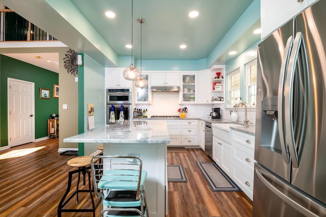 212 Chester Ln, Cottageville, SC 29435 - kitchen featuring a kitchen breakfast bar, stainless steel appliances, under cabinet range hood, dark wood finished floors, and light stone counters