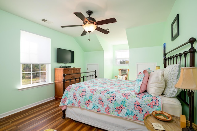 212 Chester Ln, Cottageville, SC 29435 - bedroom with vaulted ceiling, a ceiling fan, wood finished floors, baseboards, and visible vents