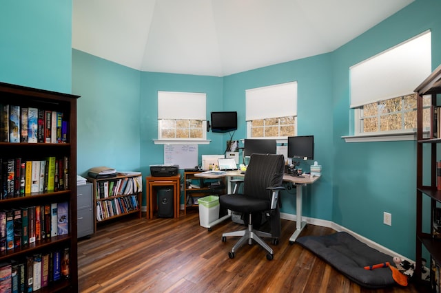 212 Chester Ln, Cottageville, SC 29435 - home office featuring baseboards, vaulted ceiling, and wood finished floors