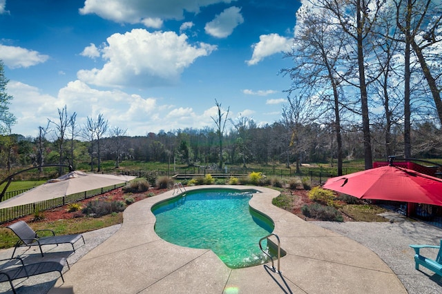 212 Chester Ln, Cottageville, SC 29435 - view of pool featuring a wooded view, fence, a fenced in pool, and a patio area