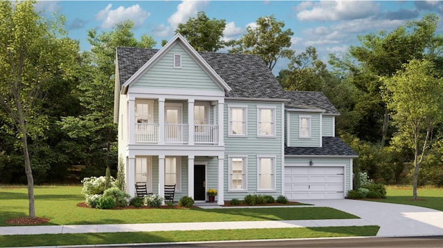 view of front of home with a balcony, a garage, and a front lawn