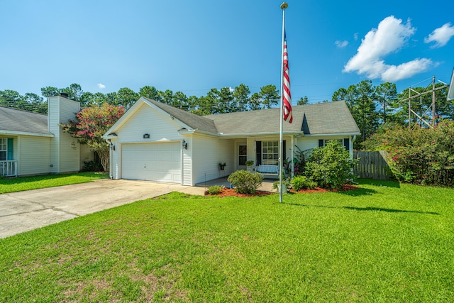 single story home featuring a garage and a front yard