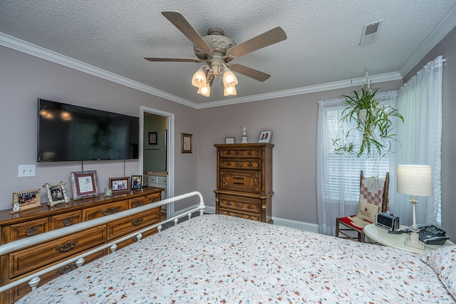 bedroom featuring a textured ceiling, ceiling fan, and ornamental molding